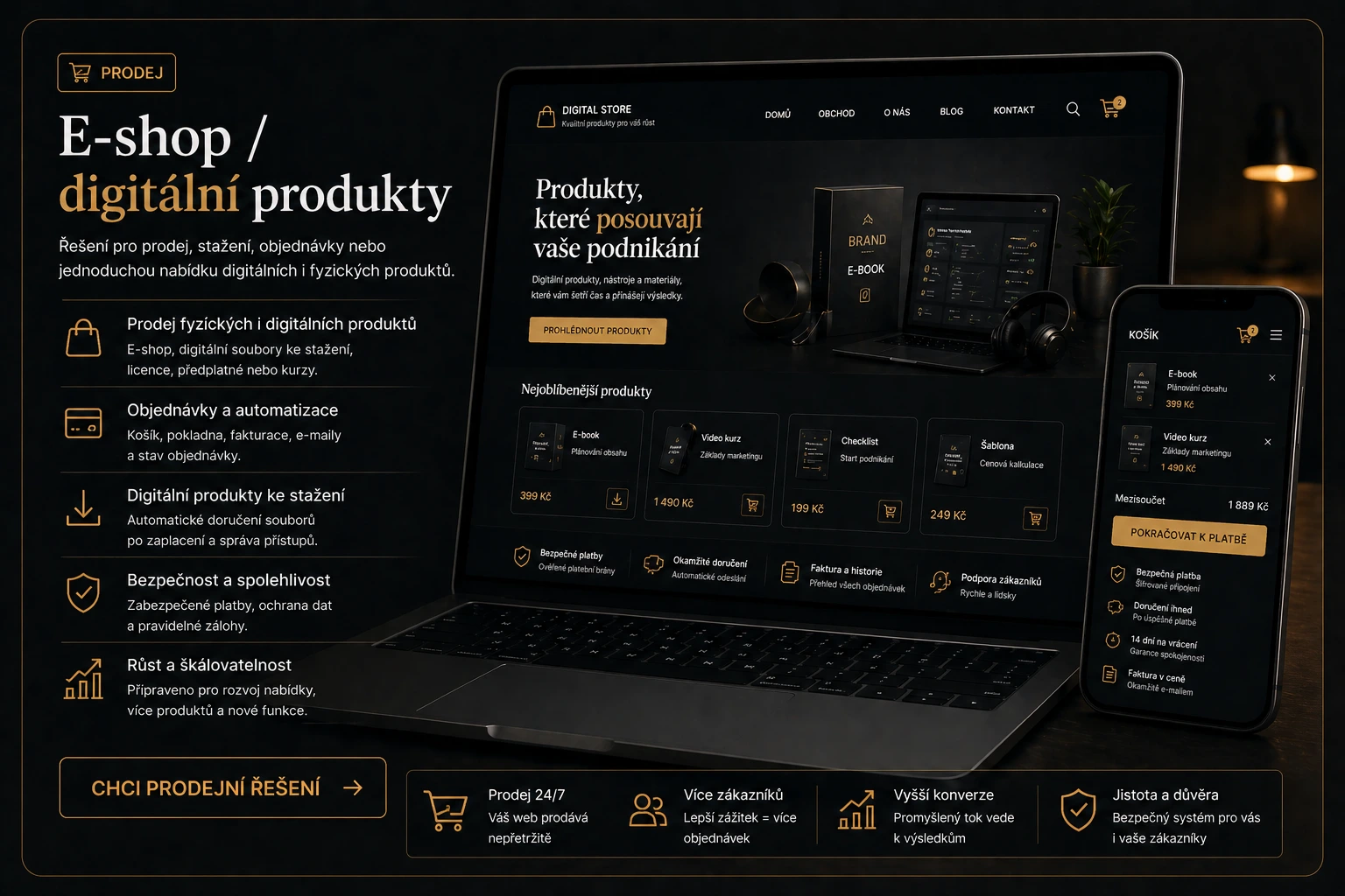 Ukázka řešení pro e-shop, digitální produkty, objednávky a prodejní tok